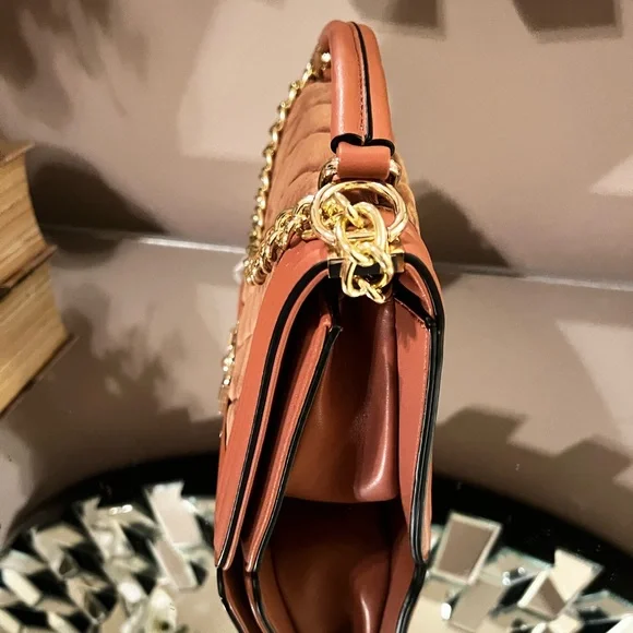 Brown and Gold Quilted Shoulder Bag with Chain Strap - Picture 2 of 4